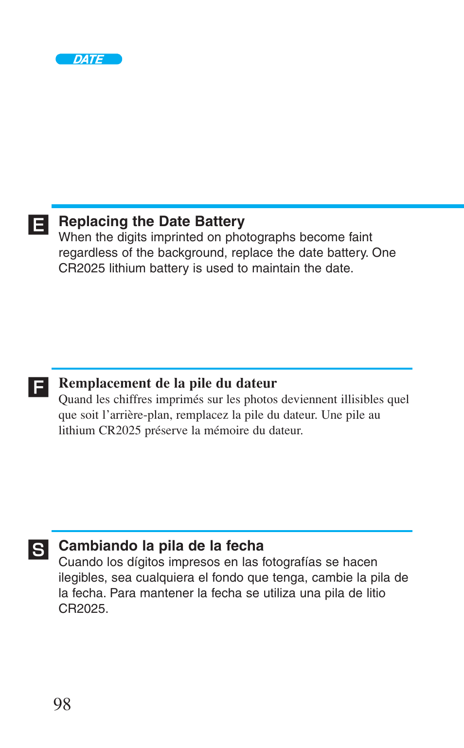 Replacing the date battery, Remplacement de la pile de dateur, Cambiando la pila de la fecha | Н´ п | Canon Prima BF-8 User Manual | Page 98 / 115