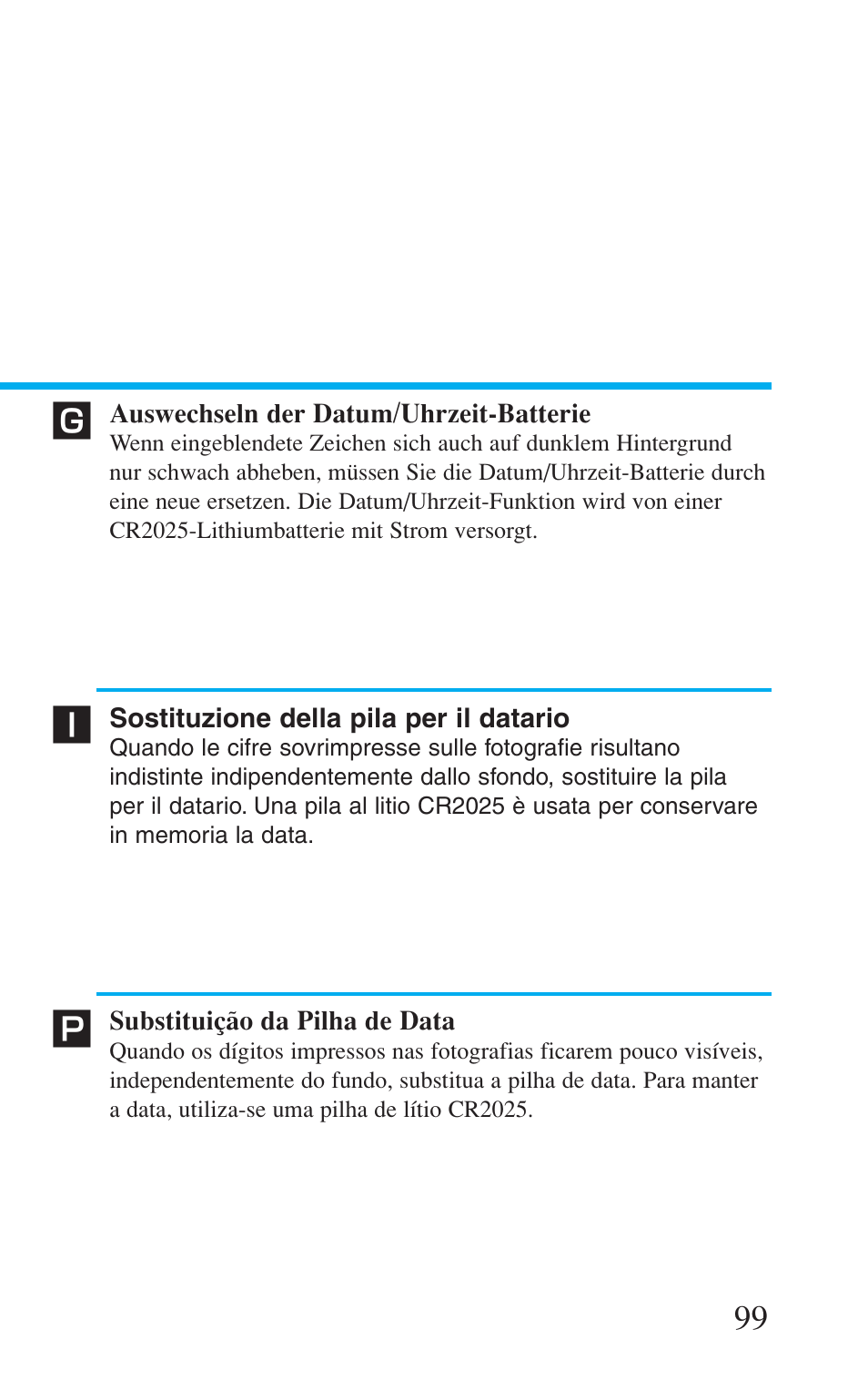 Auswechseln der datum/uhrzeit-batterie, Sostituzione della pila per il datario, Substituição da pilha de data | Canon Prima BF-8 User Manual | Page 99 / 115