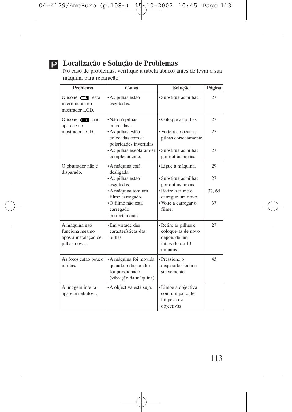 Localização e solução de problemas | Canon Prima BF-9s Set User Manual | Page 113 / 119