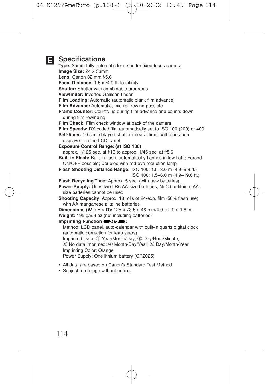 Specifications | Canon Prima BF-9s Set User Manual | Page 114 / 119