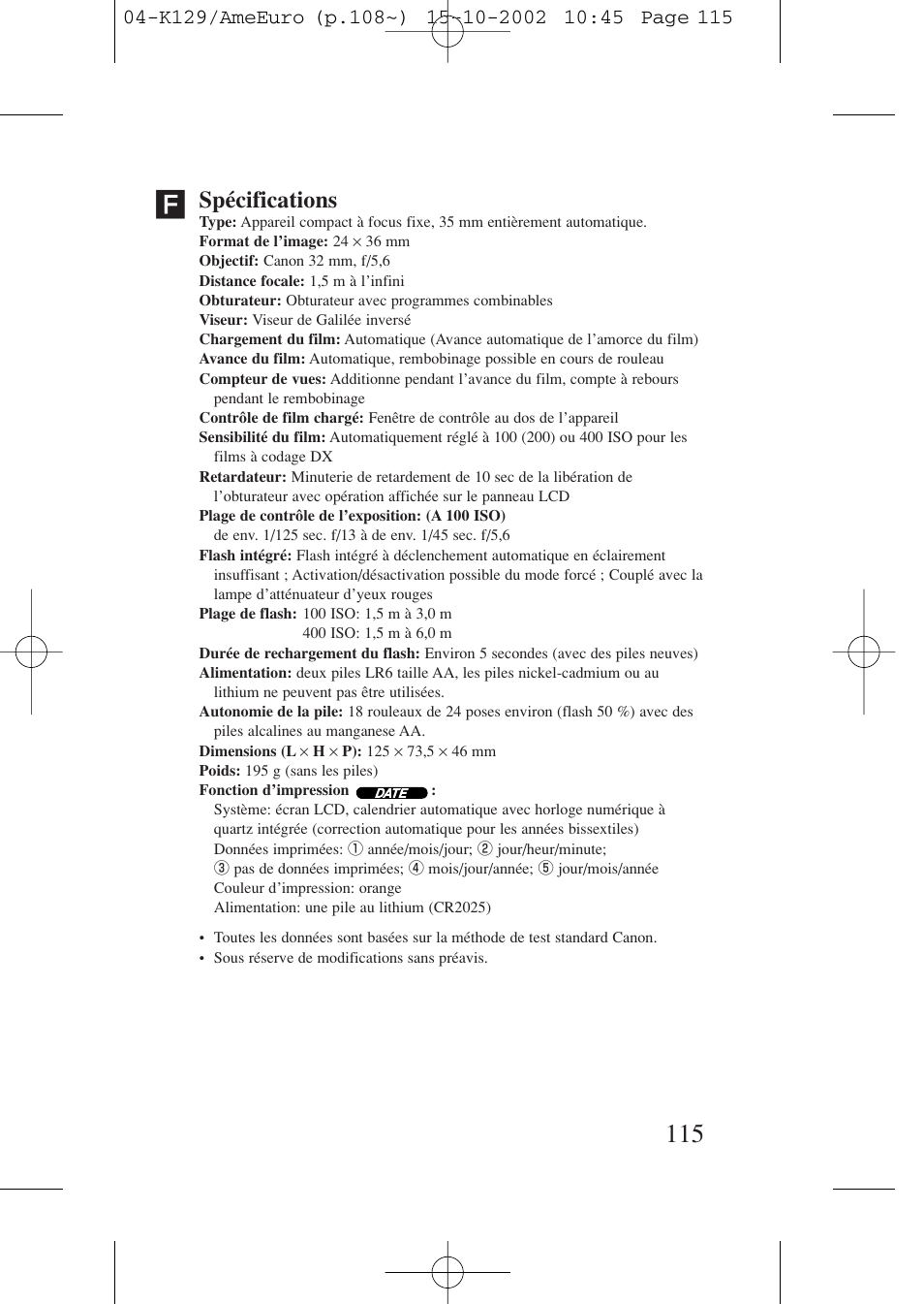 Spécifications | Canon Prima BF-9s Set User Manual | Page 115 / 119