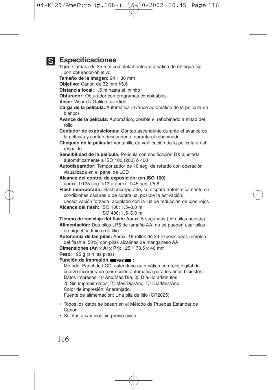 Especificaciones | Canon Prima BF-9s Set User Manual | Page 116 / 119