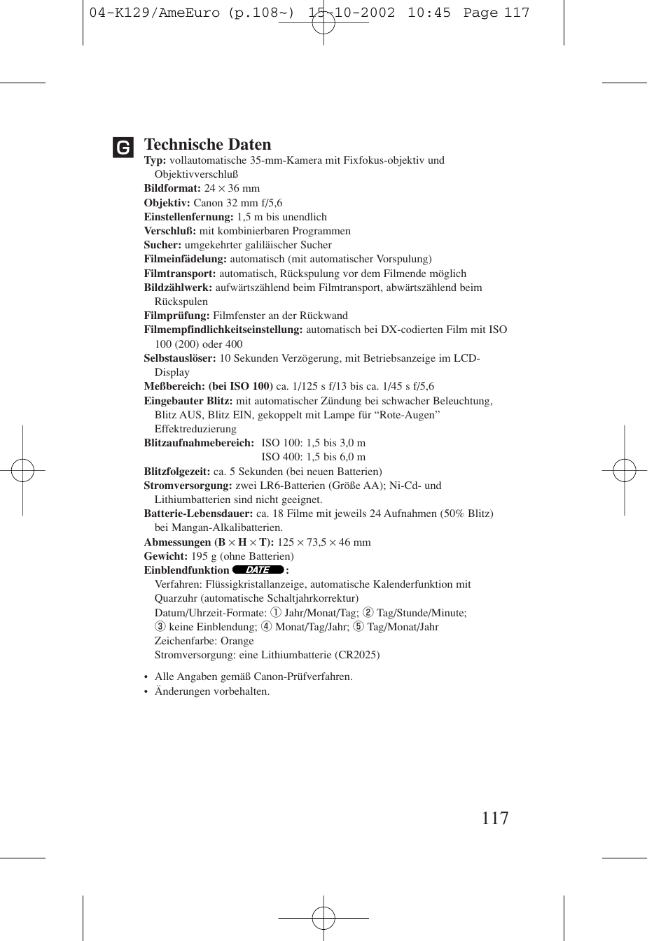 Technische daten | Canon Prima BF-9s Set User Manual | Page 117 / 119
