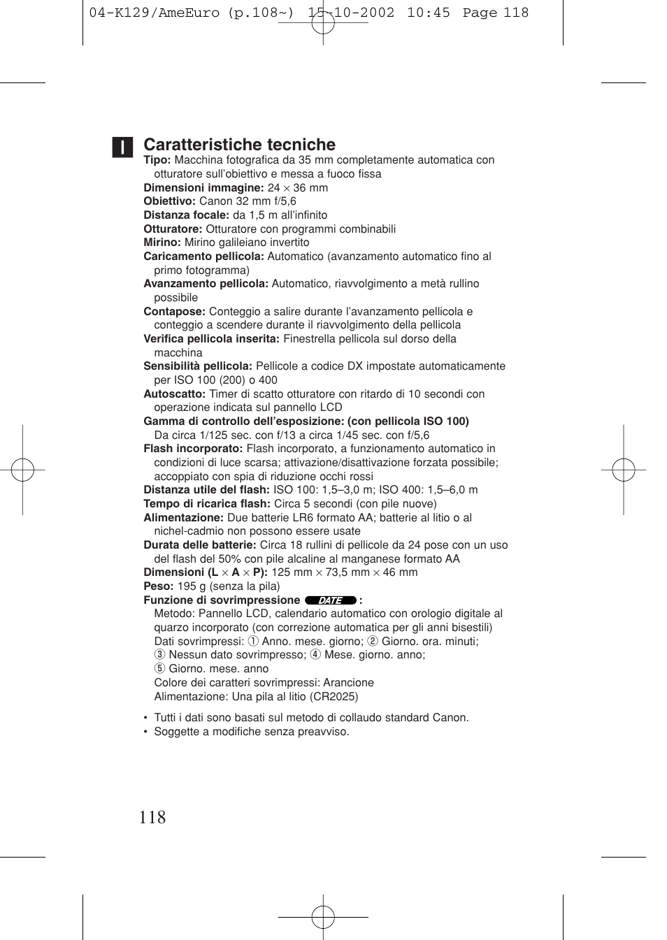 Caratteristiche tecniche | Canon Prima BF-9s Set User Manual | Page 118 / 119