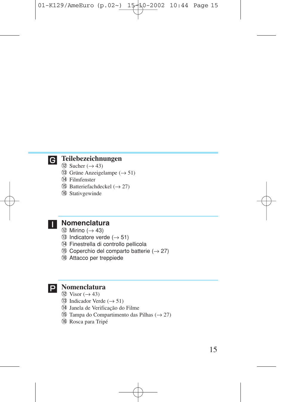 Nomenclatura, Teilebezeichnungen | Canon Prima BF-9s Set User Manual | Page 15 / 119