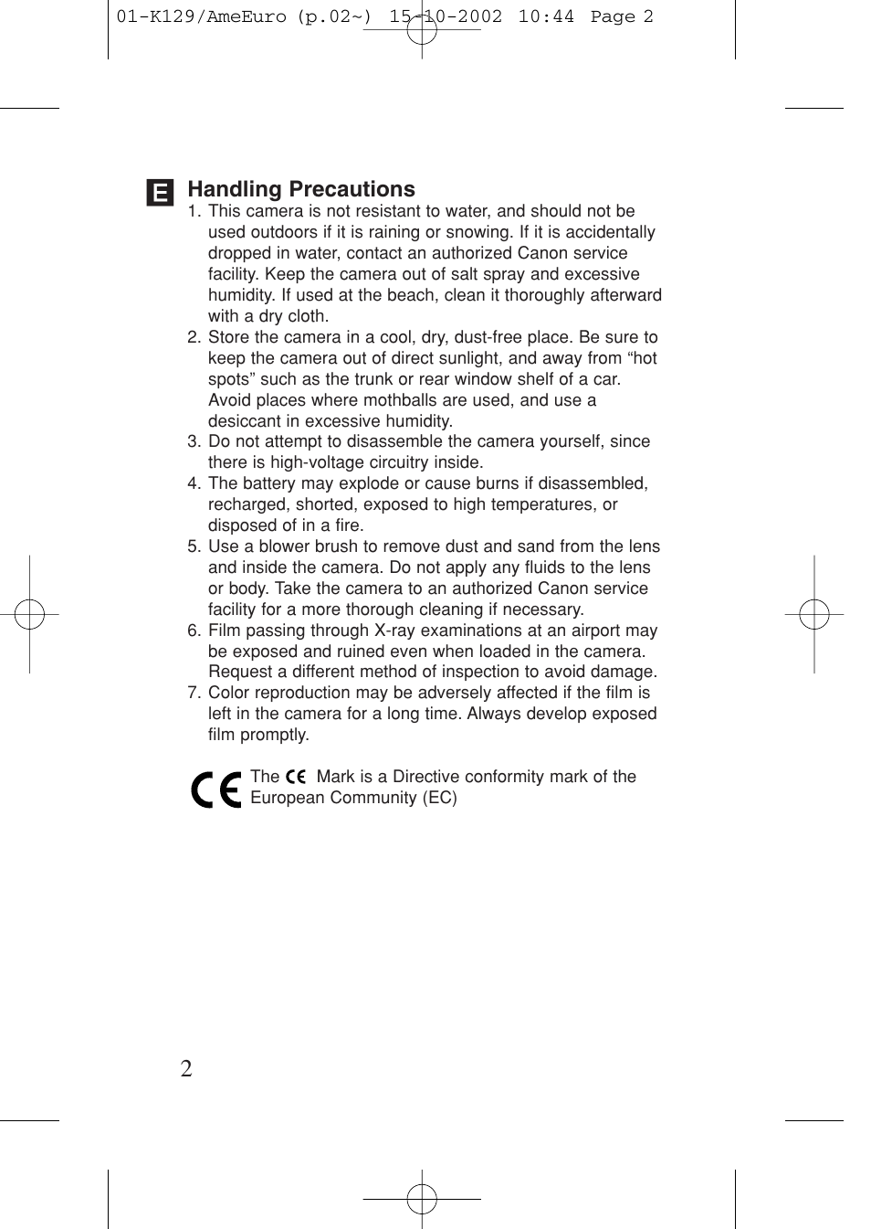 Handling precautions | Canon Prima BF-9s Set User Manual | Page 2 / 119