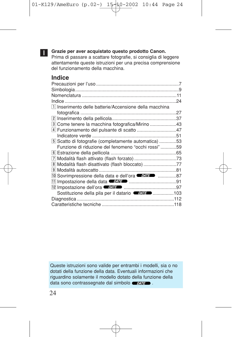 Indice | Canon Prima BF-9s Set User Manual | Page 24 / 119