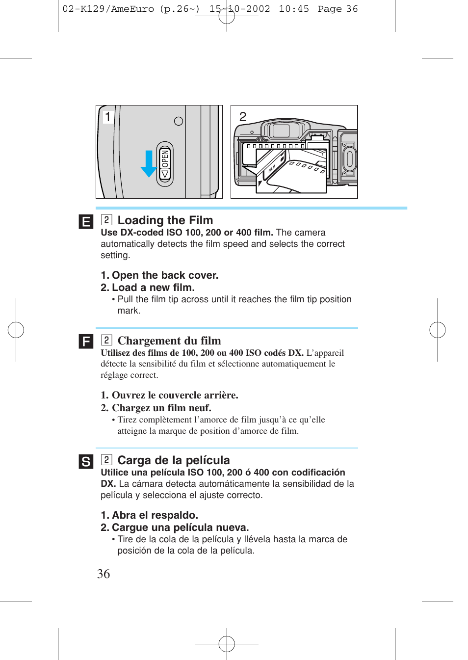 2 loading the film, 2 chargement du film, 2 carga de la película | X loading the film, X chargement du film, X carga de la película | Canon Prima BF-9s Set User Manual | Page 36 / 119