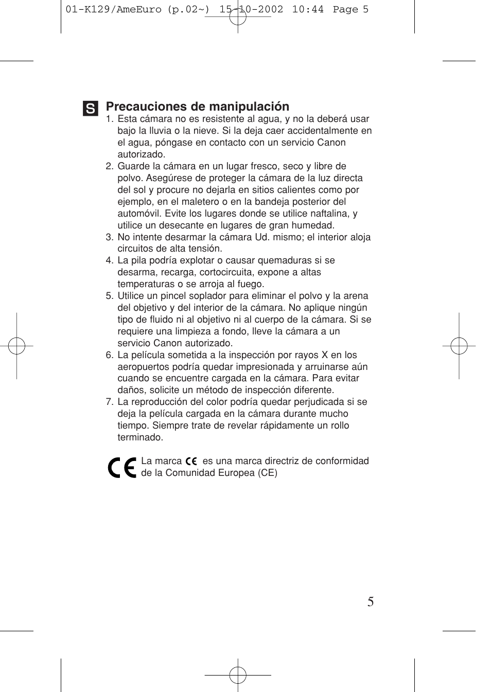 Precauciones de manipulación | Canon Prima BF-9s Set User Manual | Page 5 / 119