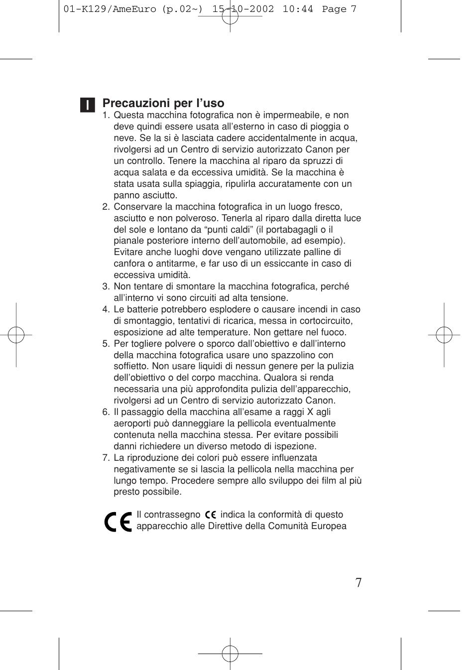 Precauzioni per l'uso, Precauzioni per l’uso | Canon Prima BF-9s Set User Manual | Page 7 / 119