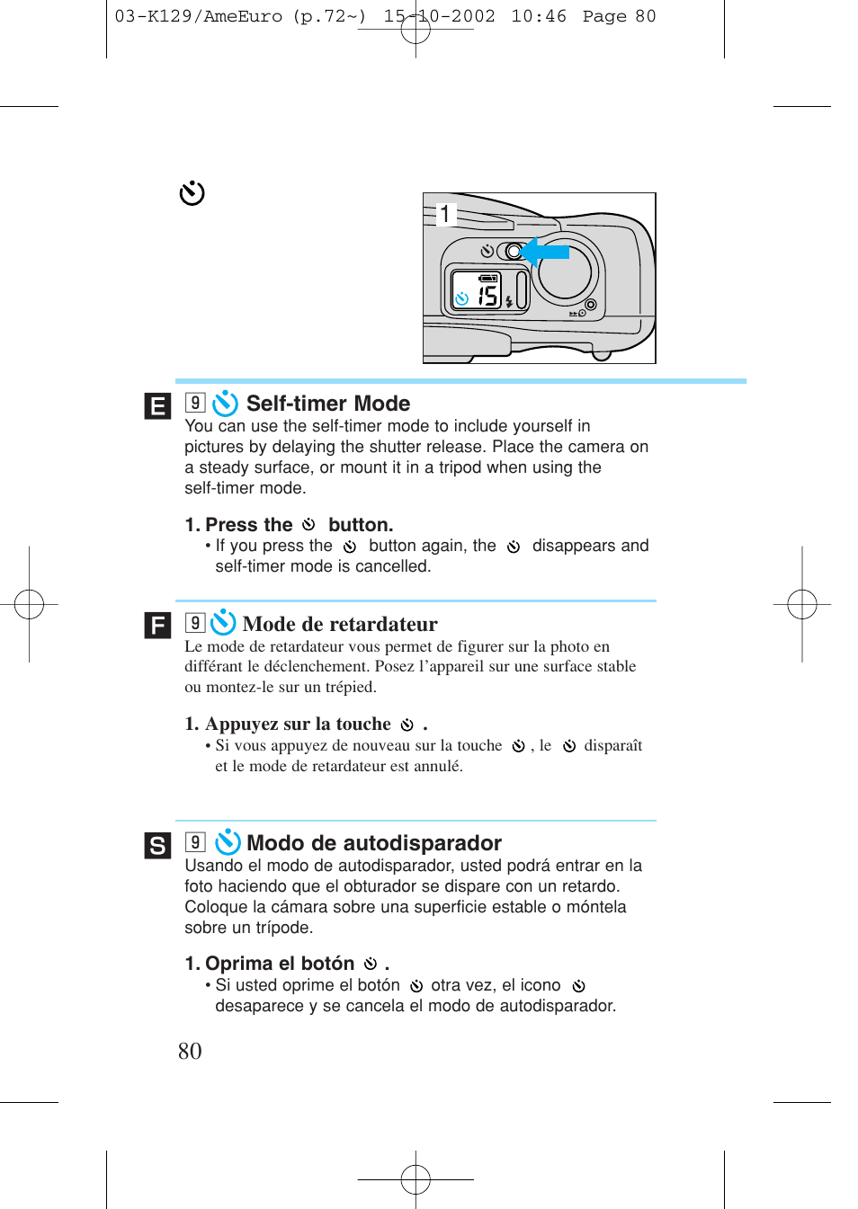 9 self-timer mode, 9 mode de retardateur, 9 modo de autodisparador | Self-timer mode, Mode de retardateur, Modo de autodisparador | Canon Prima BF-9s Set User Manual | Page 80 / 119