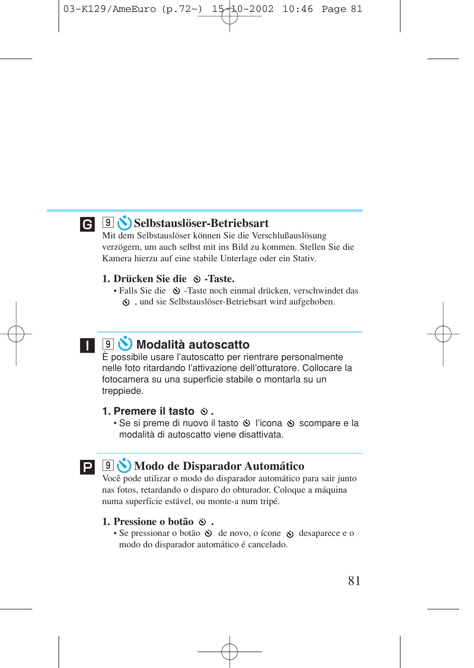 9 selbstauslöser-betriebsart, 9 modalit/ autoscatto, 9 modo de disparador automático | Selbstauslöser-betriebsart, Modalità autoscatto, Modo de disparador automático | Canon Prima BF-9s Set User Manual | Page 81 / 119