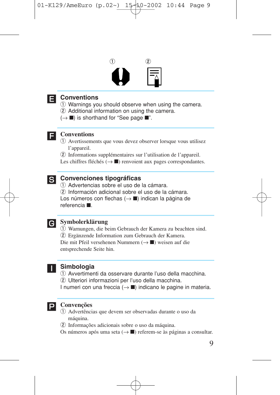 Conventions, Convenciones tipográficas, Symbolerklärung | Simbologia, Convenções | Canon Prima BF-9s Set User Manual | Page 9 / 119