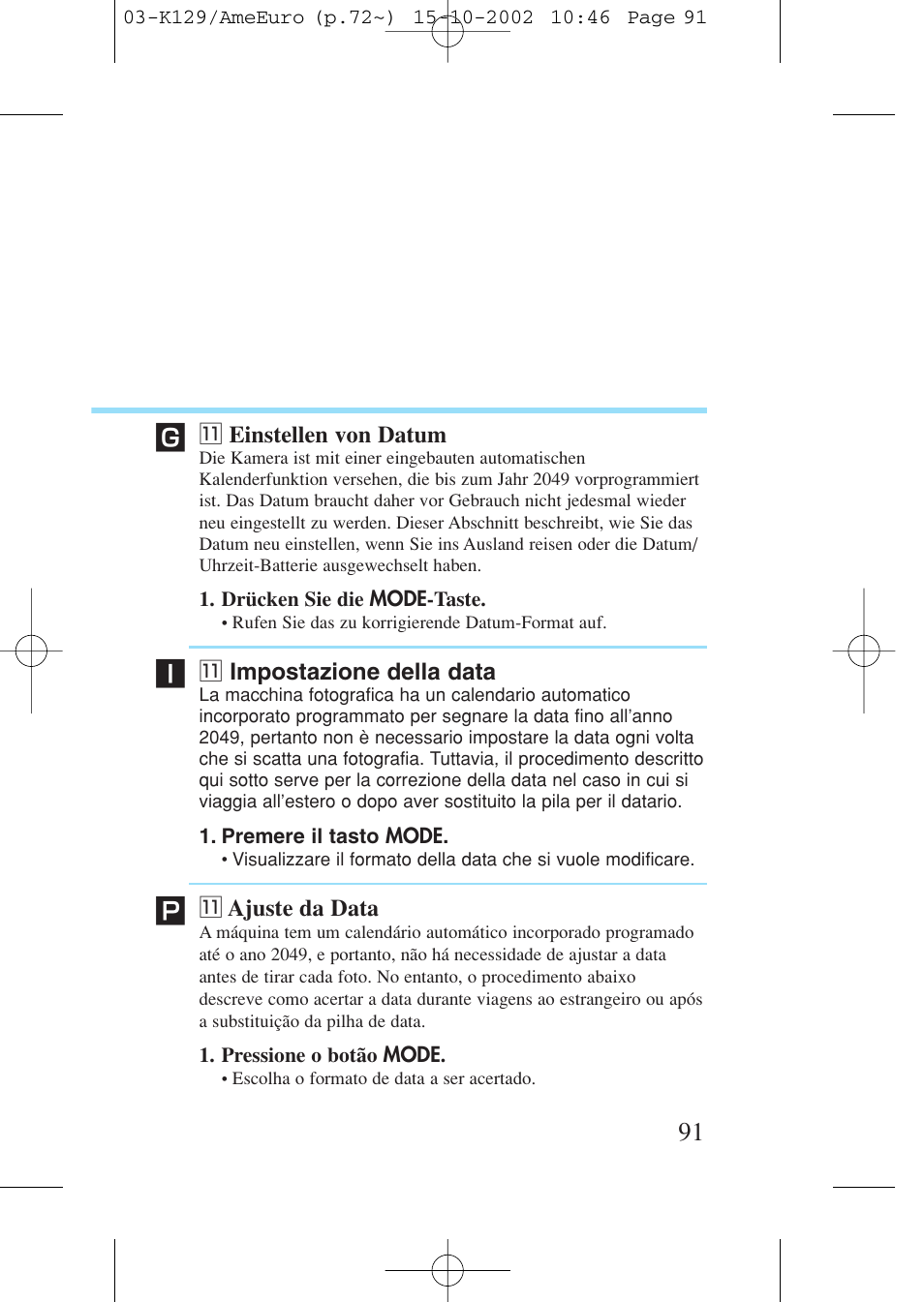 11 einstellen von datum, 11 impostazione della data, 11 ajuste da data | 1 einstellen von datum, 1 impostazione della data, 1 ajuste da data | Canon Prima BF-9s Set User Manual | Page 91 / 119