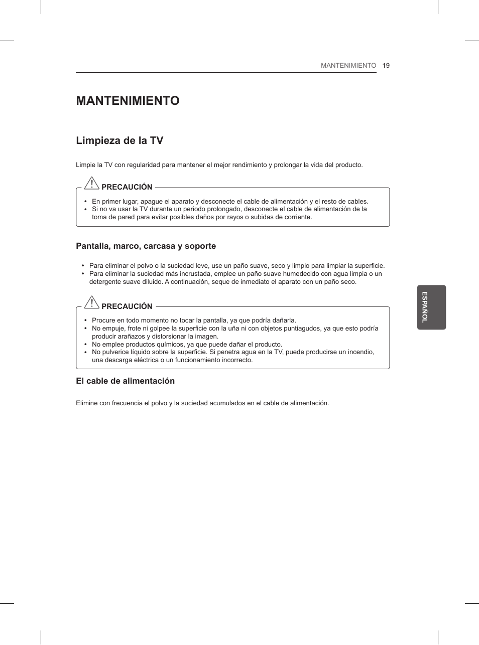 Mantenimiento, Limpieza de la tv | LG 32LN520B User Manual | Page 123 / 208