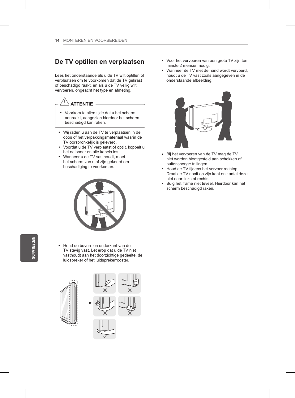 De tv optillen en verplaatsen | LG 32LN520B User Manual | Page 158 / 208