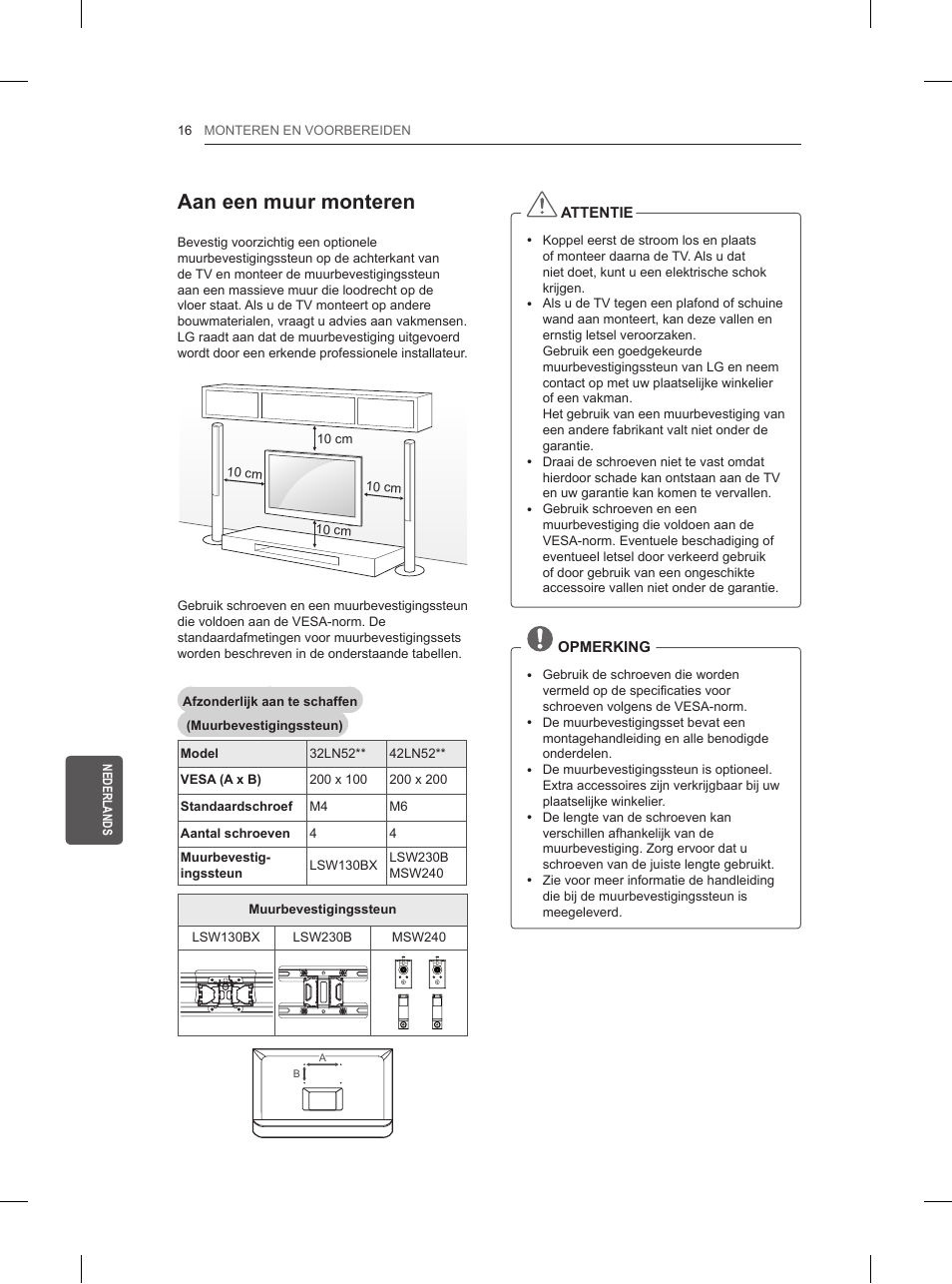 Aan een muur monteren | LG 32LN520B User Manual | Page 160 / 208
