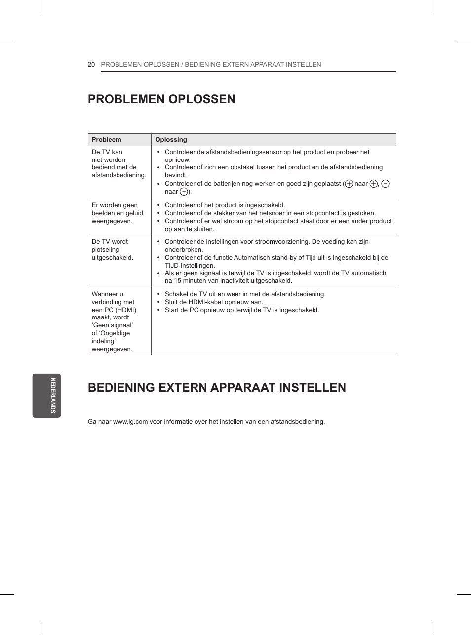 Problemen oplossen, Bediening extern apparaat instellen | LG 32LN520B User Manual | Page 164 / 208