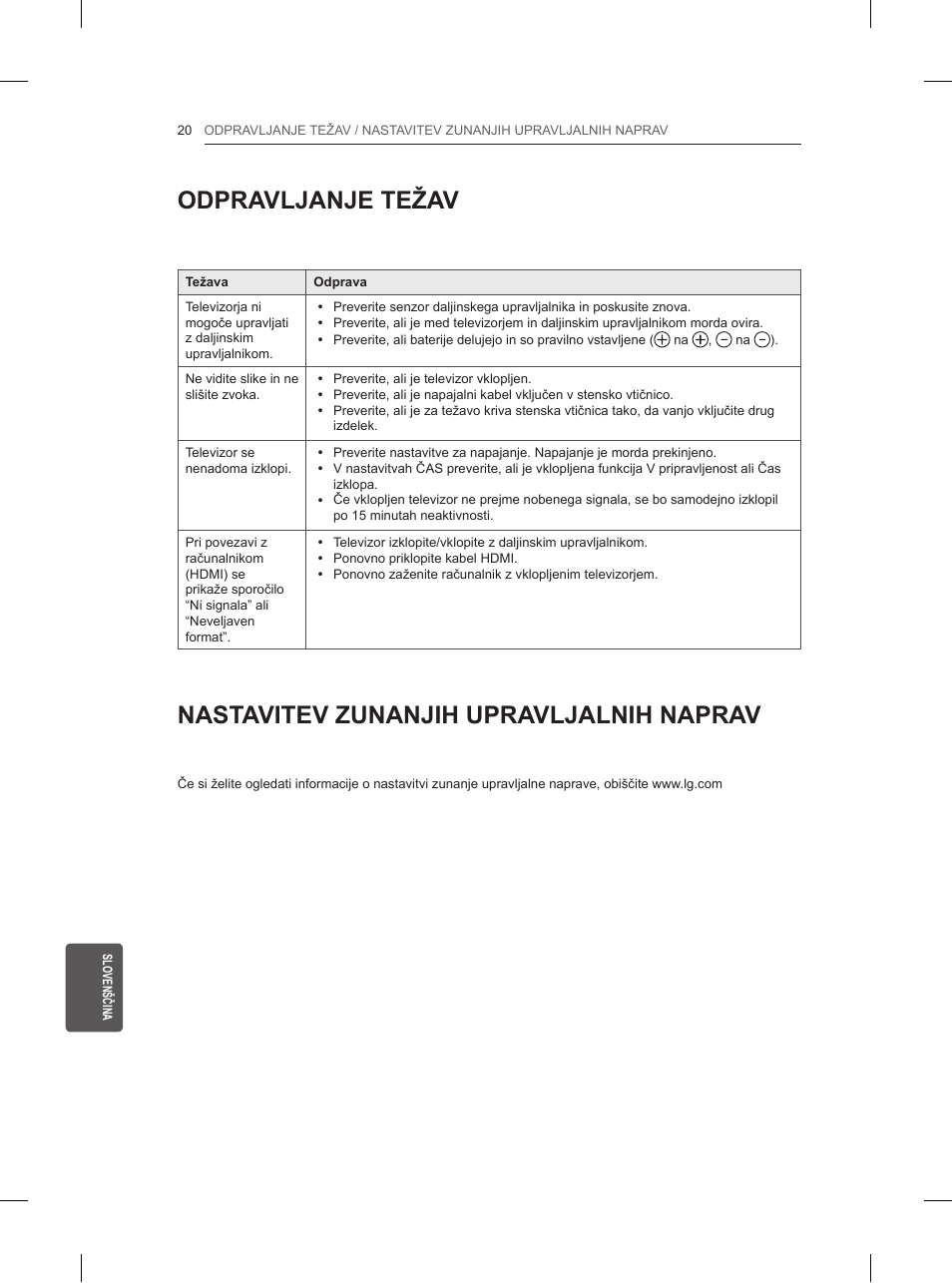 Odpravljanje težav, Nastavitev zunanjih upravljalnih naprav | LG 32LN520B User Manual | Page 204 / 208