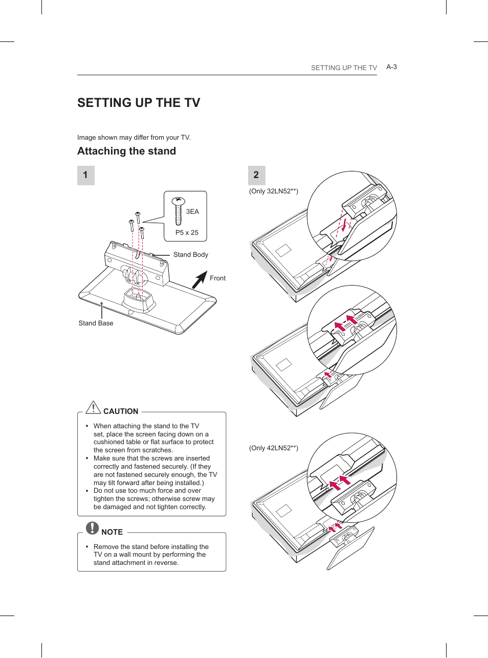 Setting up the tv, Attaching the stand | LG 32LN520B User Manual | Page 3 / 208