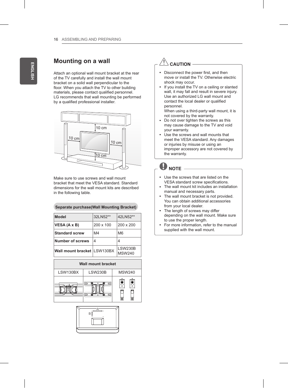 Mounting on a wall | LG 32LN520B User Manual | Page 38 / 208