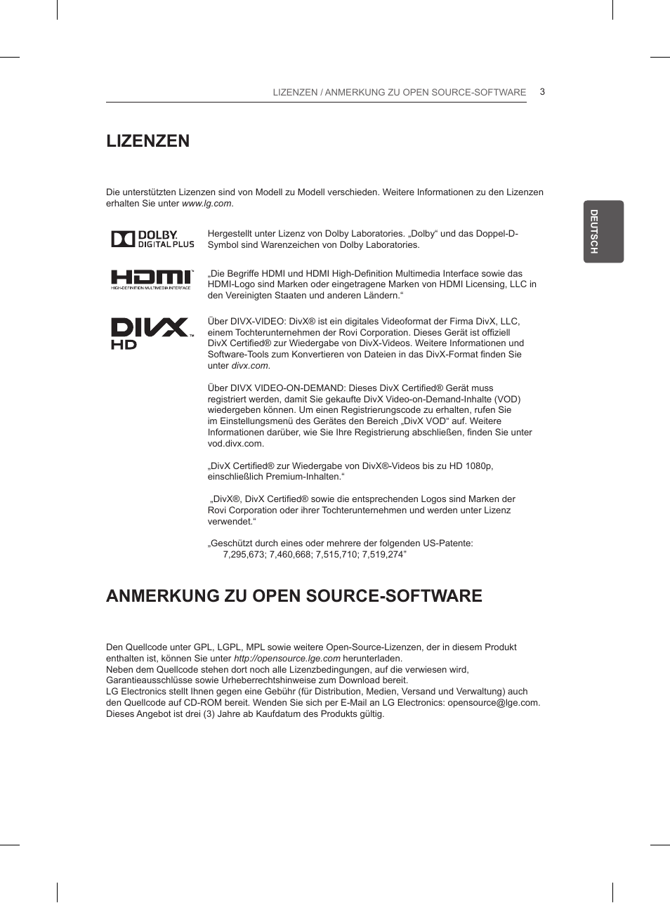 Lizenzen, Anmerkung zu open source-software | LG 32LN520B User Manual | Page 45 / 208