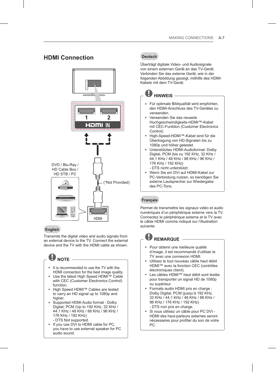 Hdmi connection | LG 32LN520B User Manual | Page 7 / 208
