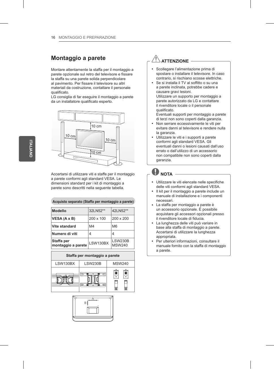 Montaggio a parete | LG 32LN520B User Manual | Page 98 / 208