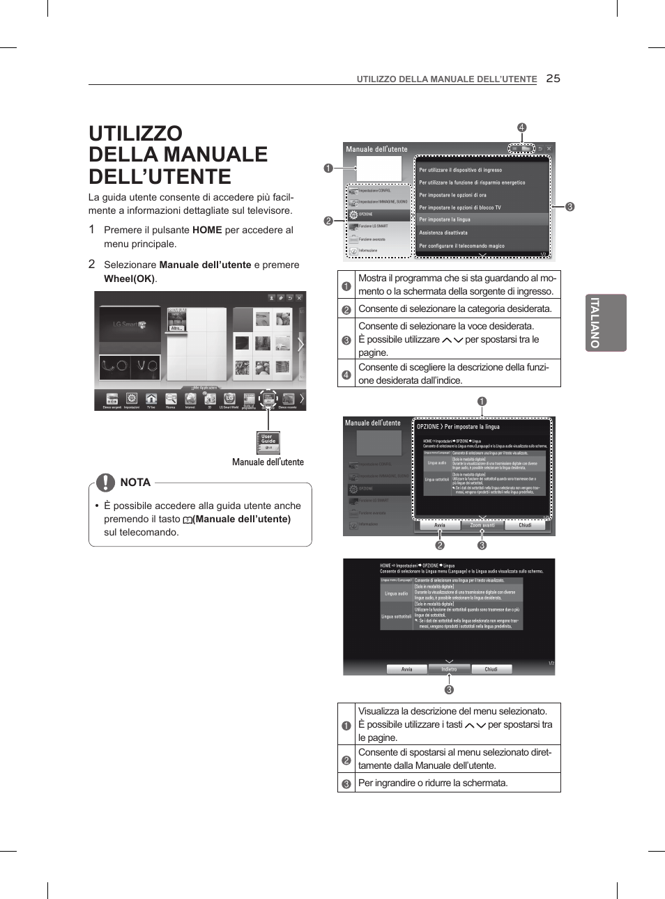 Utilizzo, Della manuale dell’utente, It aliano | Nota, Manuale dell’utente | LG 42LM860V User Manual | Page 119 / 313