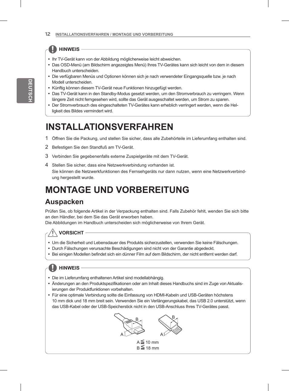 Installationsverfahren, Montage und vorbereitung, Auspacken | LG 42LM860V User Manual | Page 50 / 313