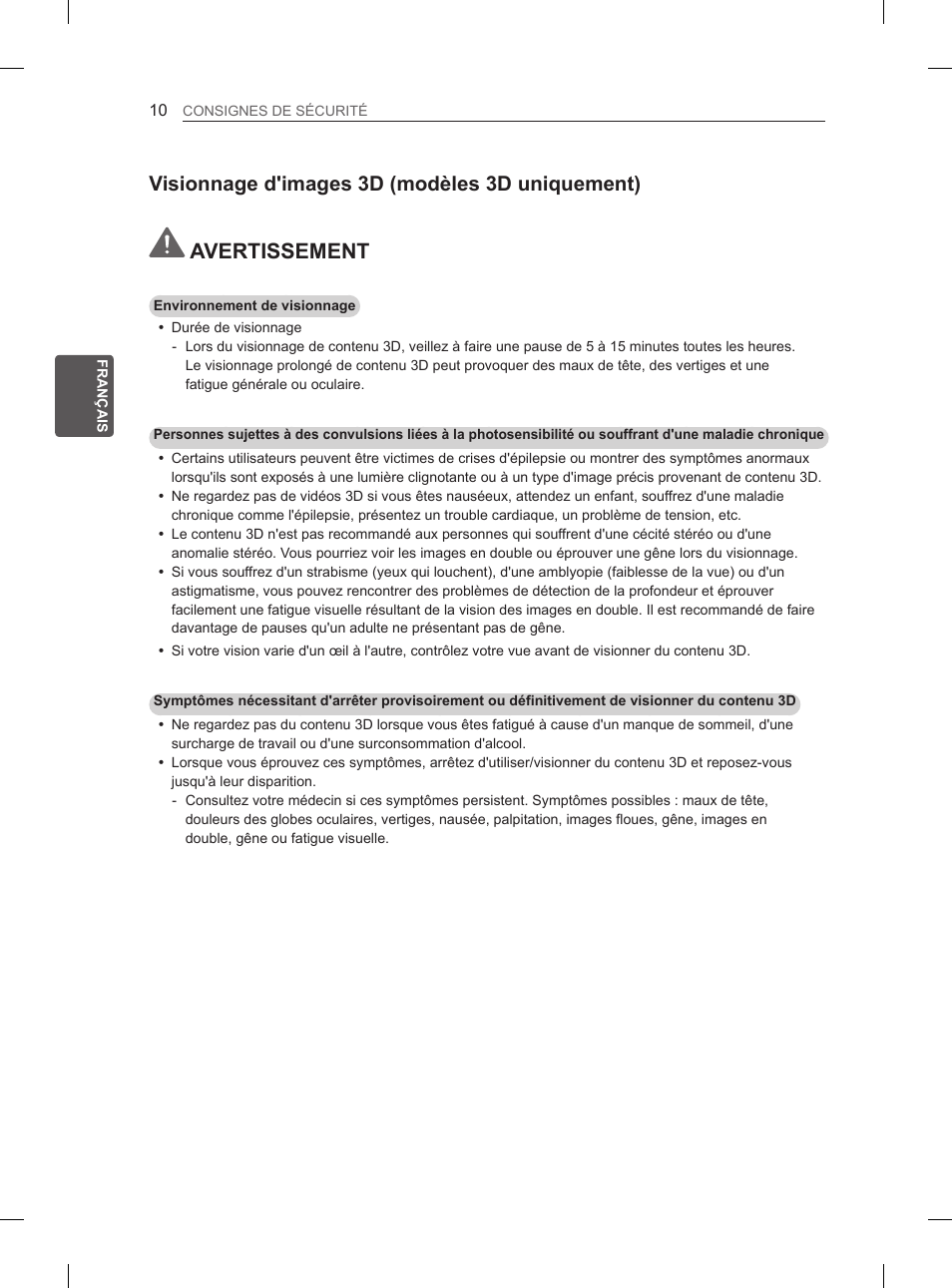 Avertissement, Visionnage d'images 3d (modèles 3d uniquement) | LG 55EA970V User Manual | Page 106 / 316