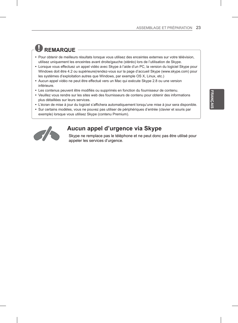 Aucun appel d’urgence via skype, Remarque, Présentation générale | LG 55EA970V User Manual | Page 119 / 316