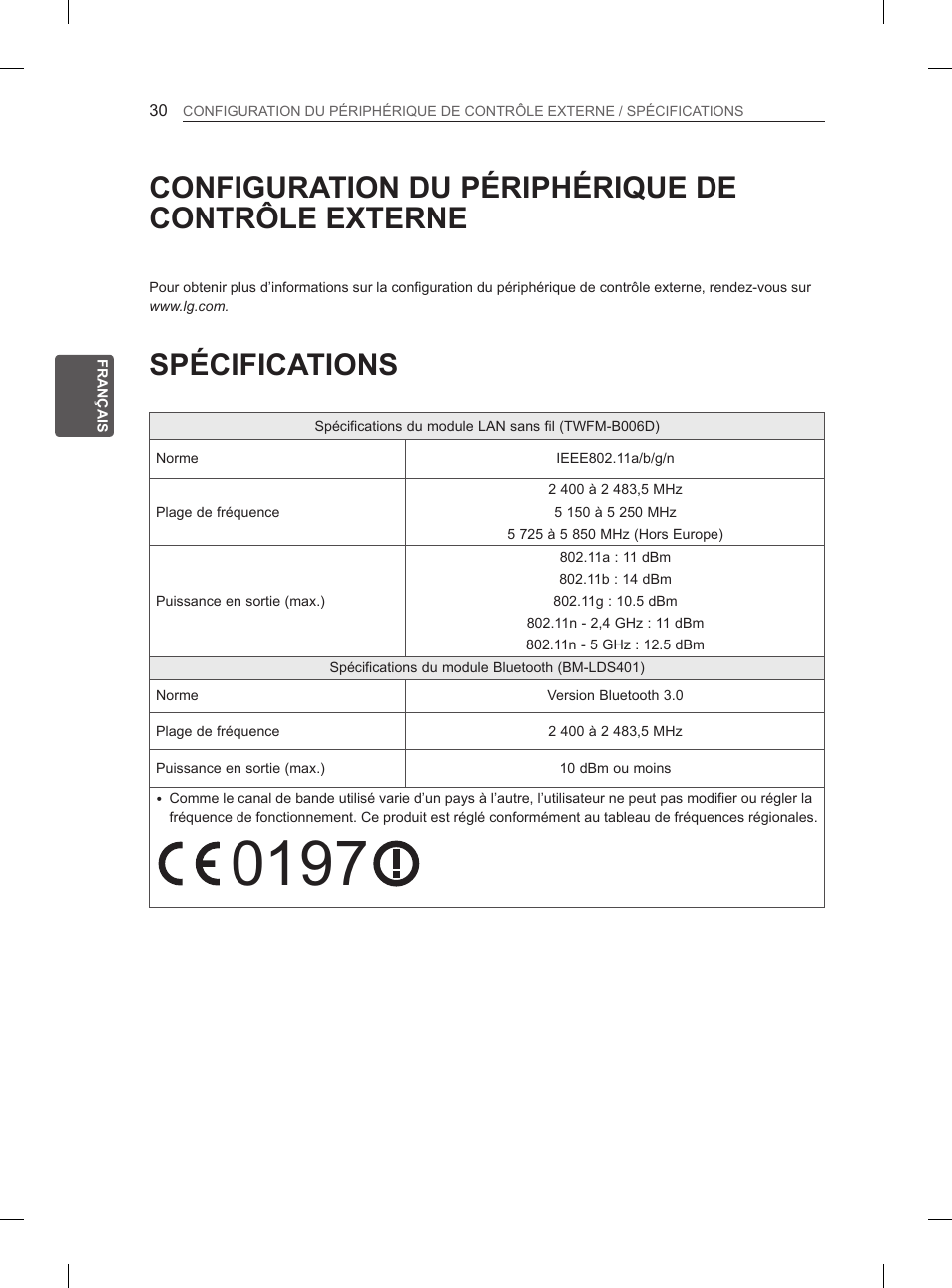 Configuration du périphérique de contrôle externe, Spécifications | LG 55EA970V User Manual | Page 126 / 316