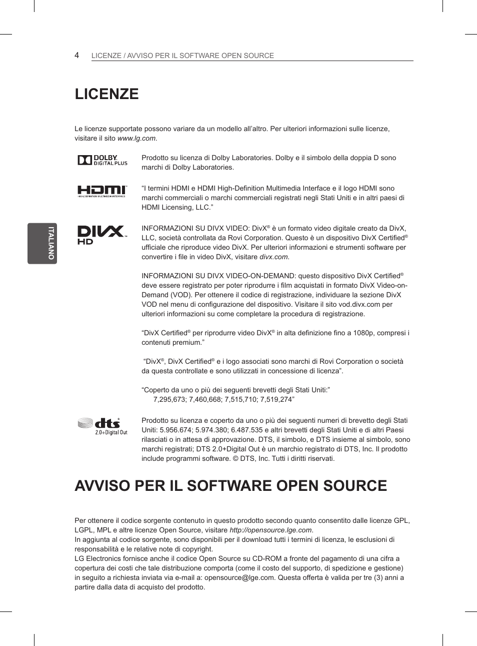 Licenze, Avviso per il software open source | LG 55EA970V User Manual | Page 130 / 316