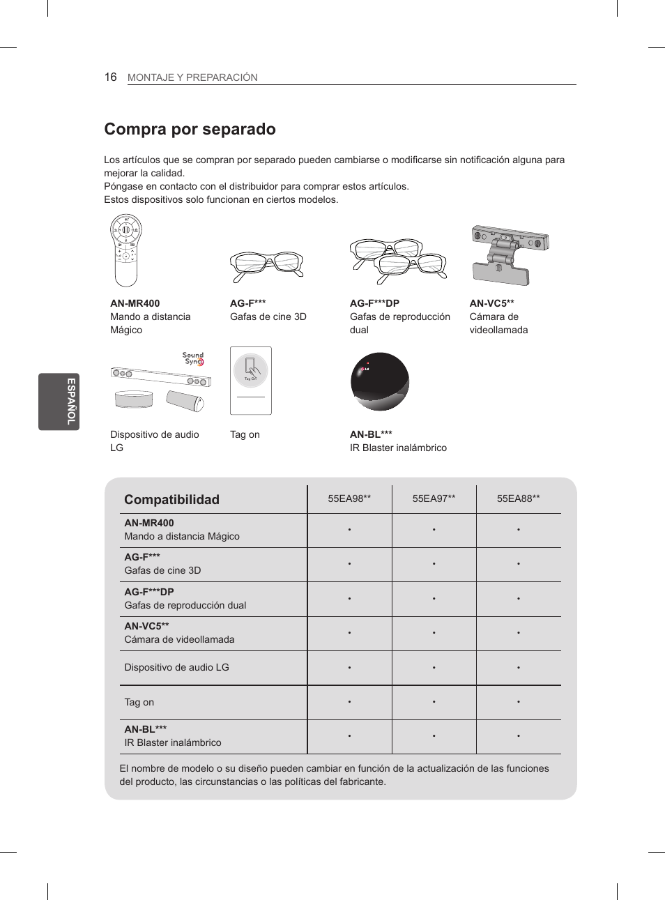 Compra por separado, Compatibilidad | LG 55EA970V User Manual | Page 176 / 316