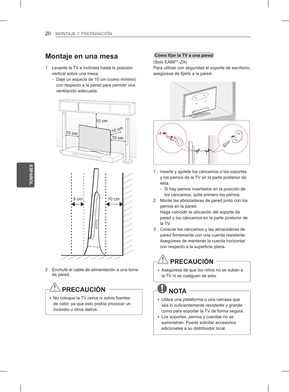 Montaje en una mesa, Precaución, Nota | LG 55EA970V User Manual | Page 180 / 316
