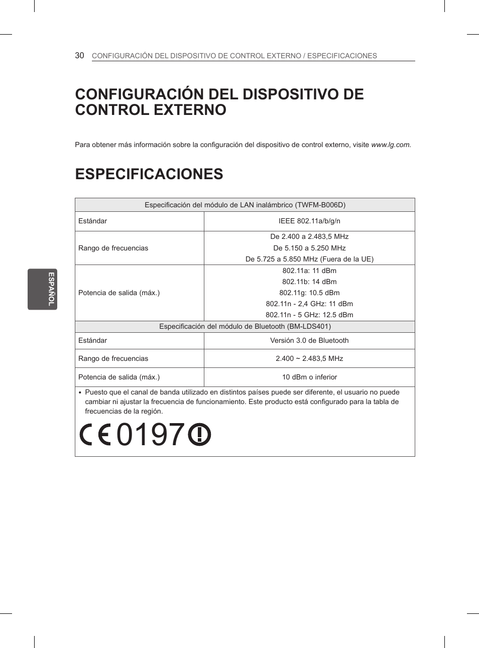 Configuración del dispositivo de control externo, Especificaciones | LG 55EA970V User Manual | Page 190 / 316