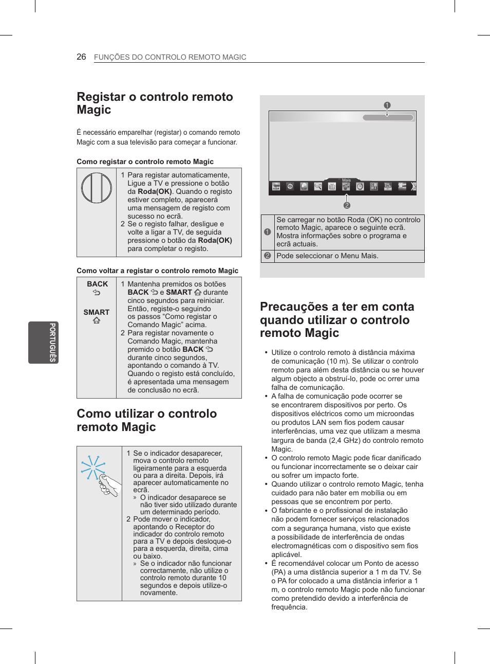 Registar o controlo remoto magic, Como utilizar o controlo remoto magic | LG 55EA970V User Manual | Page 216 / 316