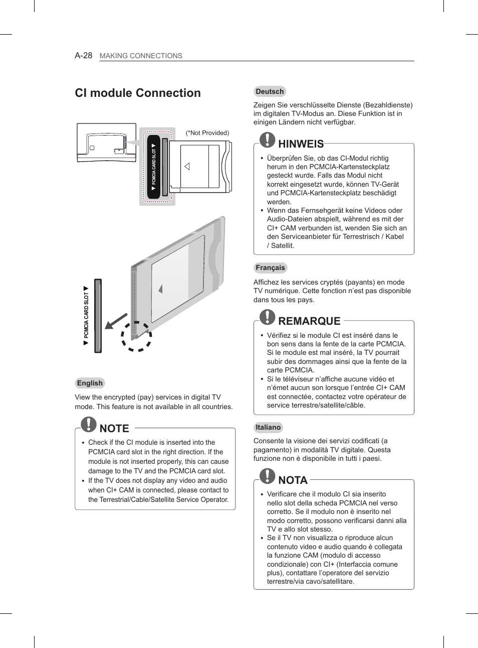 Ci module connection, Hinweis, Remarque | Nota | LG 55EA970V User Manual | Page 28 / 316