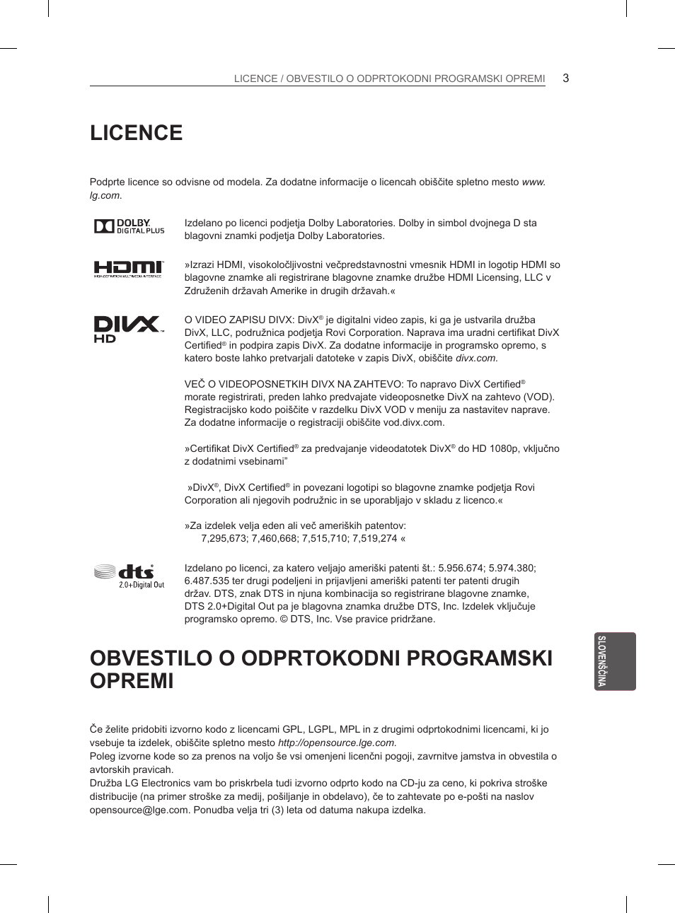 Licence, Obvestilo o odprtokodni programski opremi | LG 55EA970V User Manual | Page 283 / 316