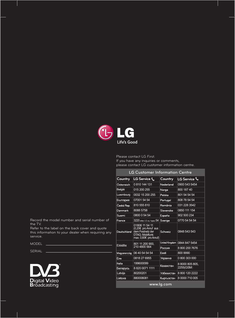 Customer information centre | LG 55EA970V User Manual | Page 316 / 316