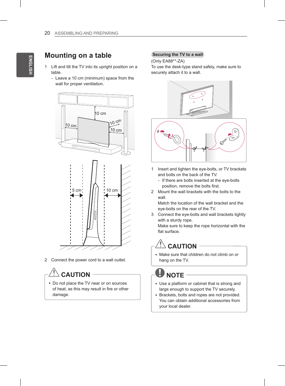 Mounting on a table, Caution | LG 55EA970V User Manual | Page 56 / 316