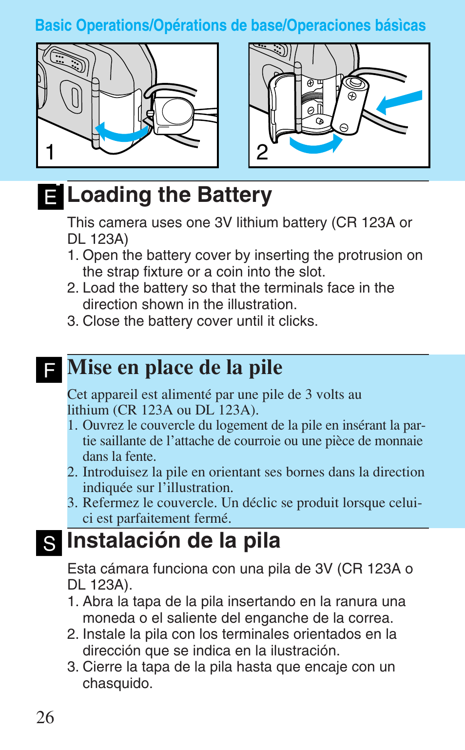 Basic operations, Loading the battery, Opérations de base | Mise en place de la pile, Operaciones básicas, Instalación de la pila | Canon Prima Super 28N -Set User Manual | Page 26 / 95