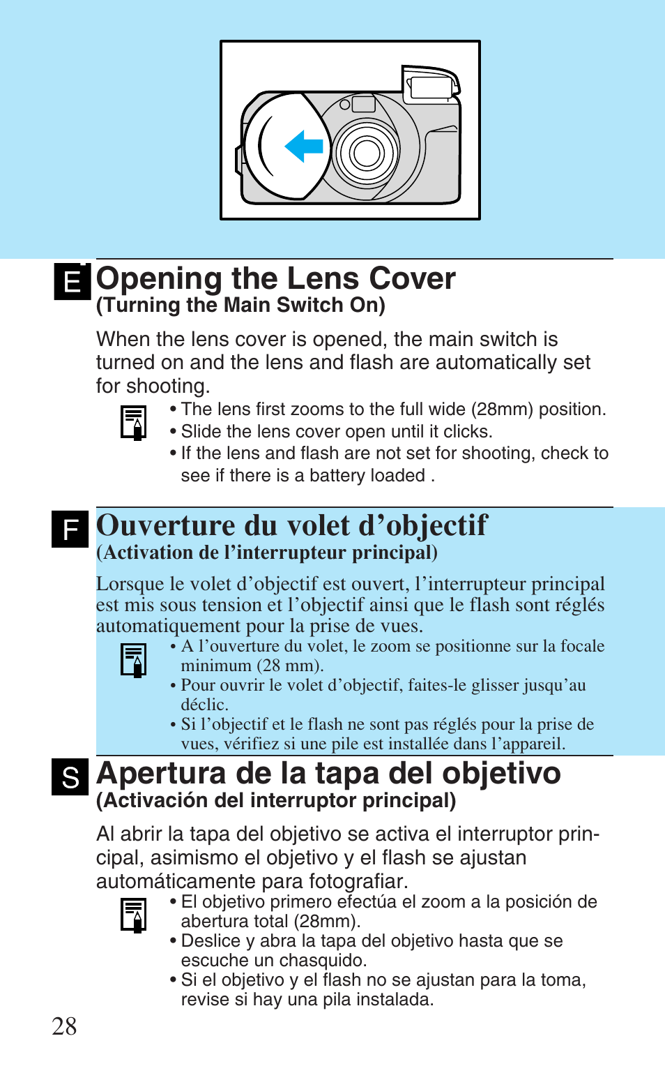 Opening the lens cover, Ouverture du volet d’objectif, Apertura de la tapa del objetivo | Canon Prima Super 28N -Set User Manual | Page 28 / 95