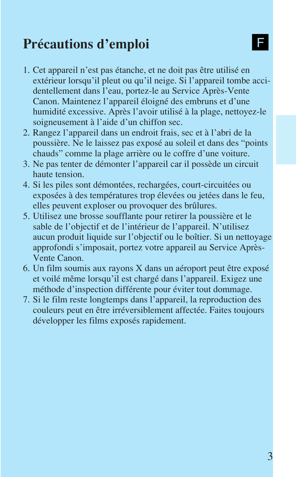 Précautions d’emploi | Canon Prima Super 28N -Set User Manual | Page 3 / 95