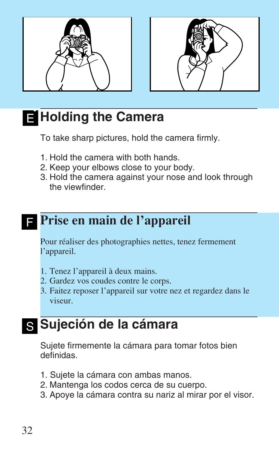 Holding the camera, Prise en main de l'appareil, Sujeción de la cámara | Prise en main de l’appareil | Canon Prima Super 28N -Set User Manual | Page 32 / 95