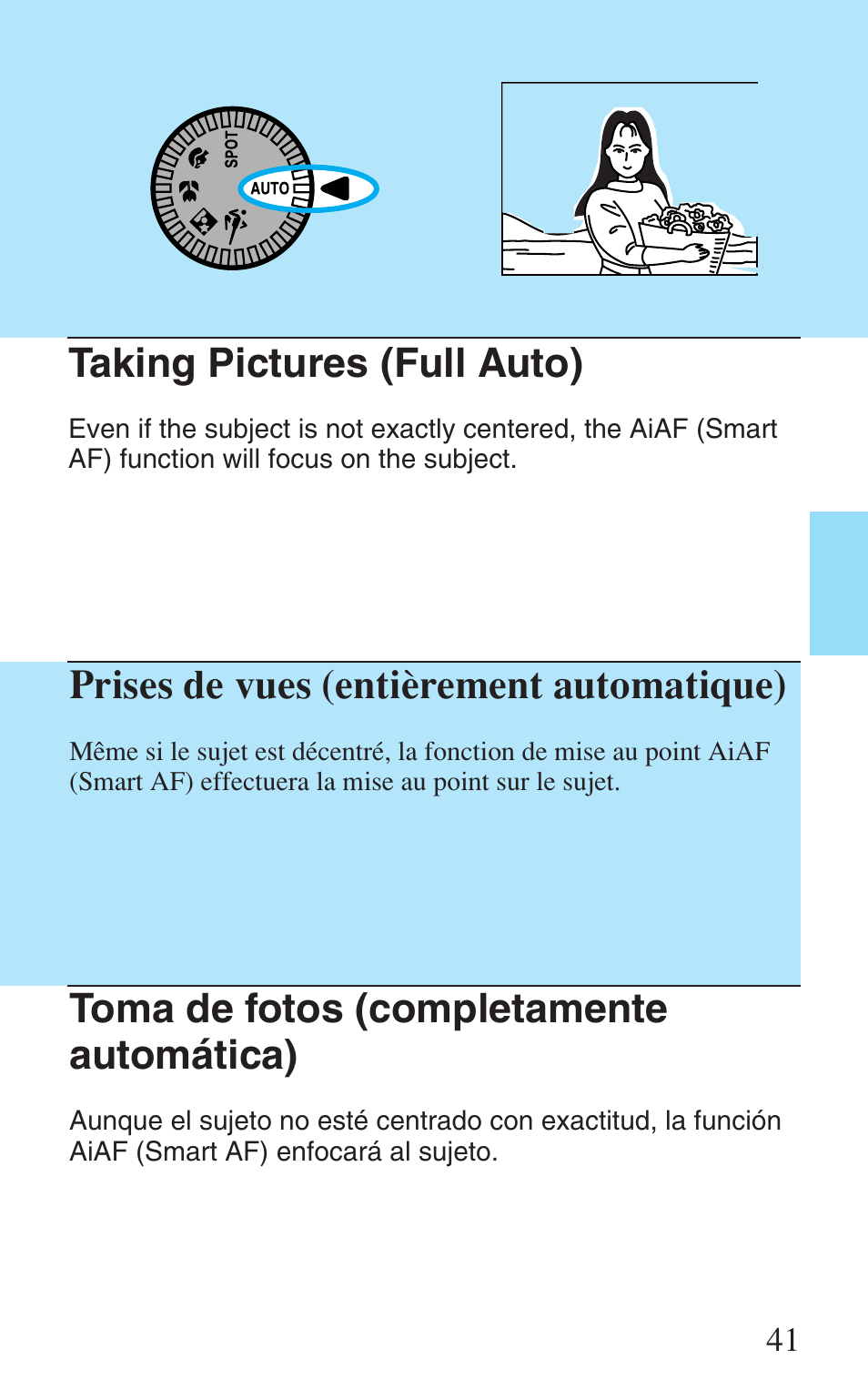 Taking pictures (full auto), Prises de vues (entièrement automatique), Toma de fotos (completamente automática) | Canon Prima Super 28N -Set User Manual | Page 41 / 95