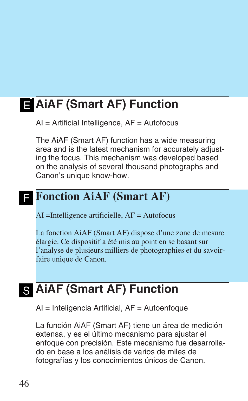 Aiaf (smart af) function, Fonction aiaf (smart af), Función aiaf (smart af) | Canon Prima Super 28N -Set User Manual | Page 46 / 95