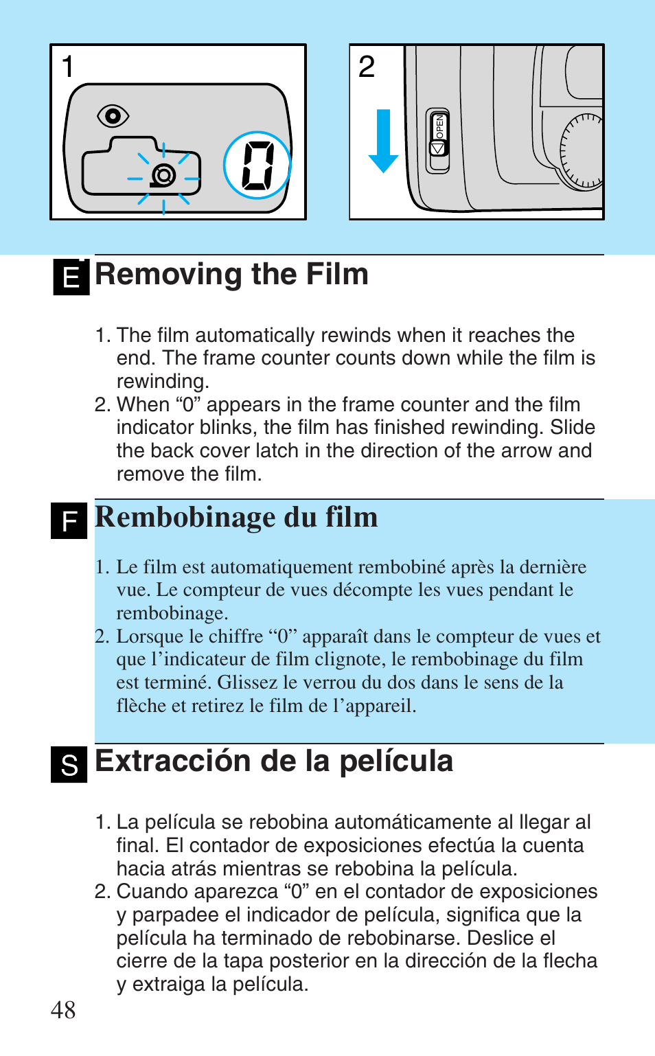 Removing the film, Rembobinage du film, Extracción de la película | Canon Prima Super 28N -Set User Manual | Page 48 / 95