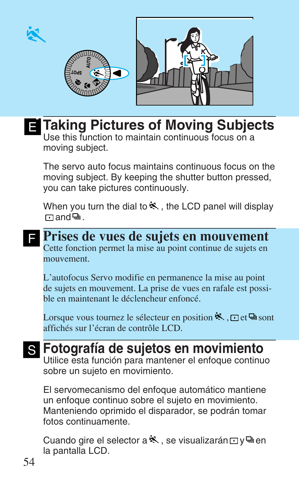 Taking pictures of moving subjects, Prises de vues de sujets en mouvement, Fotografía de sujetos en movimiento | Canon Prima Super 28N -Set User Manual | Page 54 / 95